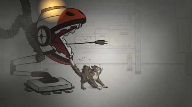 游戏解谜场景，摩卡推动木箱以攀上高台，背景为涂鸦满满的巷道