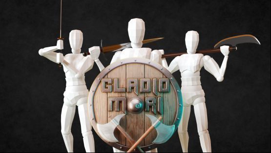 《Gladio Mori》游戏主界面展示，角色手持不同武器站立于竞技场中央，背景为古罗马风格的角斗场