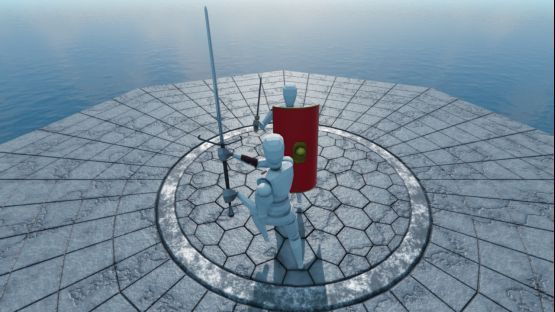 游戏中两名角色激烈交战，一人腿部受伤跪地，另一人高举长剑准备进攻，画面充满动态张力