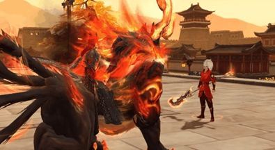 《天下》手游战兽技能【画地为牢】释放效果，地面裂开形成蓝色能量牢笼，敌人被困其中无法逃脱