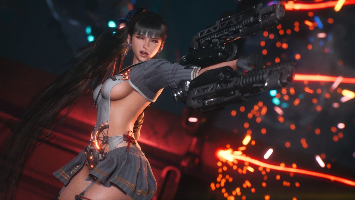 双刀交击瞬间，角色与敌人对峙，周围电光闪烁，氛围紧张