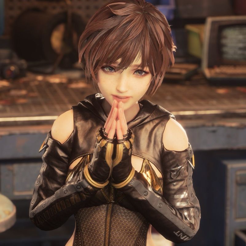 角色半蹲于机械残骸间，霓虹灯光映照面部，赛博朋克风格浓郁