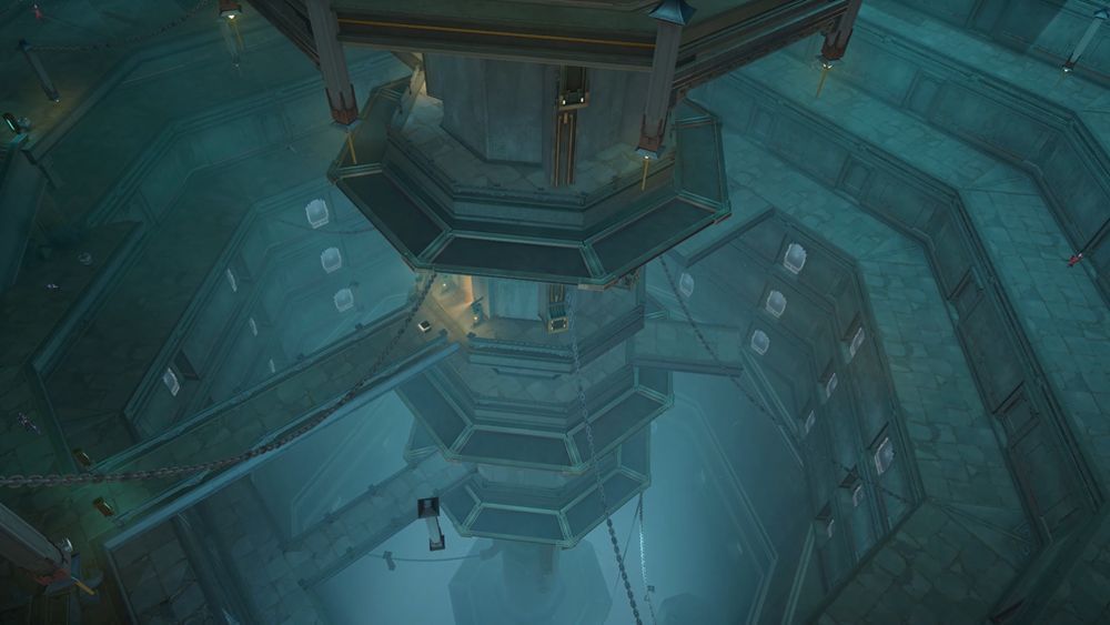 幽囚狱场景实机画面，石质牢笼层层叠叠，铁链垂挂，远处隐约可见被封印的巨大黑影