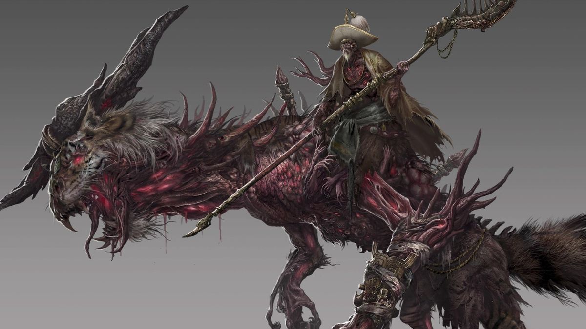 巨大 humanoid 生物悬浮空中，肢体如藤蔓般缠绕，背后展开骨质羽翼，充满病态美感