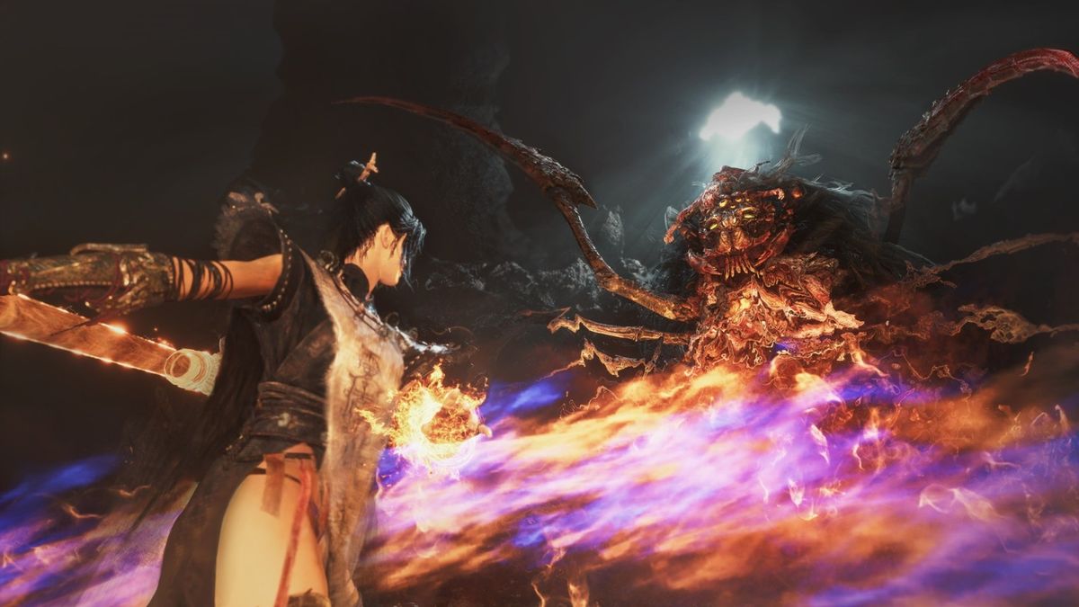 多足类怪物匍匐在废弃道观屋顶，触须蔓延，口中滴落腐蚀性液体，场景阴森可怖