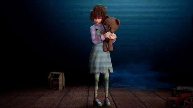 小女孩蹲在墙角，紧抱泰迪熊，脸上写满恐惧，周围墙壁布满诡异涂鸦和抓痕