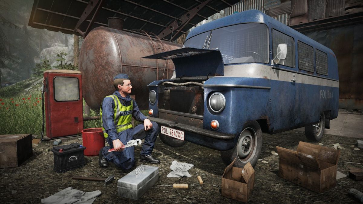 游戏中枪战场景，角色持枪蹲守在警车后方，子弹划过火花四溅，敌人藏身于远处岩石后