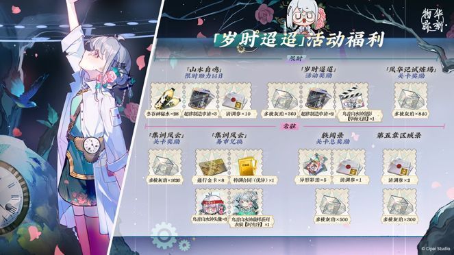 游戏内活动页面展示，包含签到奖励、任务进度条与角色互动动画，界面设计精美