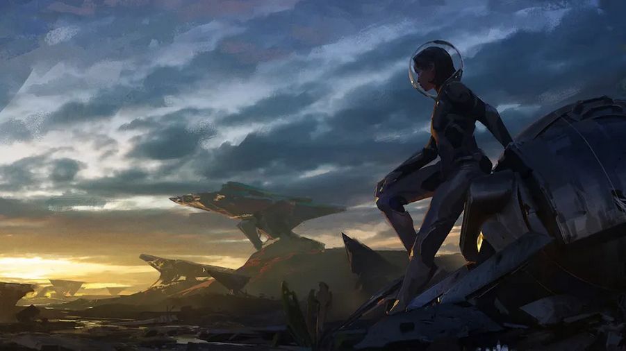 《Exodus》概念图展示太空站内部场景，人类在封闭生态中生活，光影氛围压抑而真实