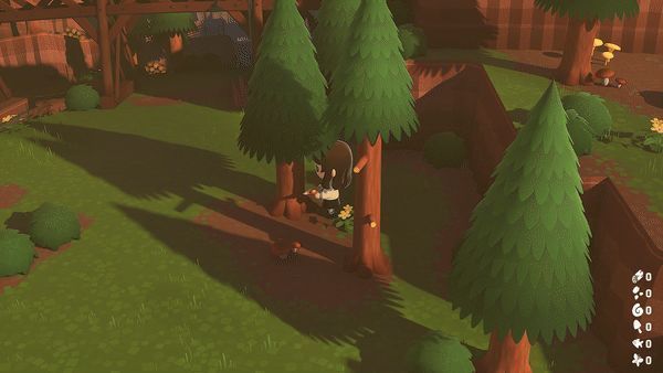 玩家在森林中探索并发现隐藏洞穴的动画场景，光影交错，充满神秘氛围