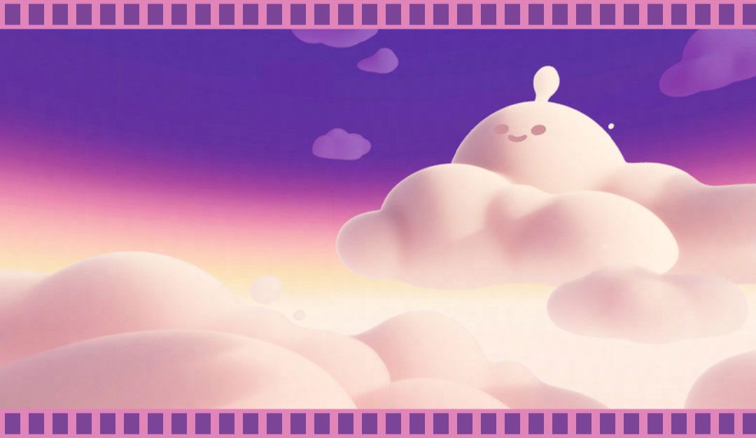 夕阳下的蛋仔岛泛着粉紫色光芒，湖面倒映着天空，远处是巨大的露天银幕正在播放电影