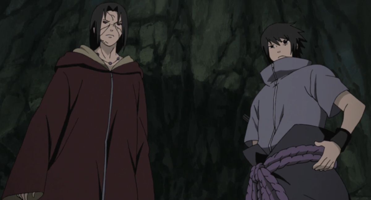 宇智波佐助[侠客列传]立绘展示，身着黑色内衬与灰色道袍，手持长剑，眼神冷峻，背景为竹林月影