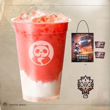 三款联动周边平铺展示：徽章闪耀金属光泽，贴纸印有‘蓝骑士永不迟到’字样，扇子展开绘有废土地图