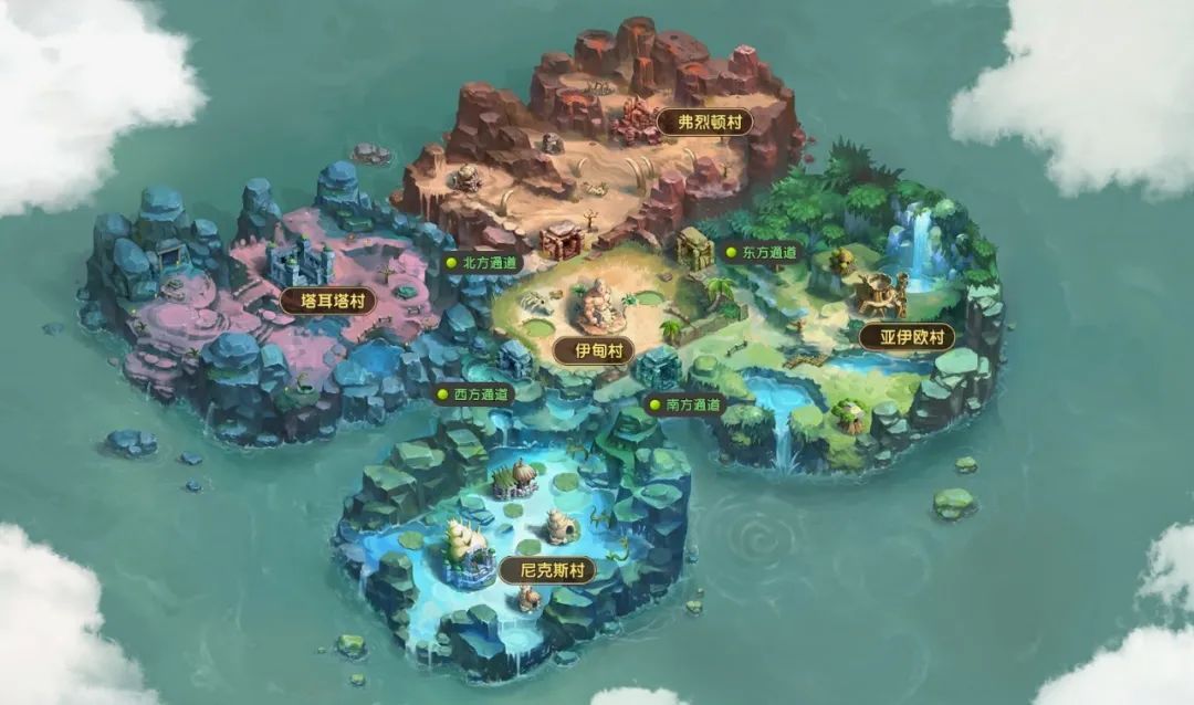 游戏内伊甸园城市场景，绿植环绕的建筑群与漂浮的元素水晶构成奇幻景观