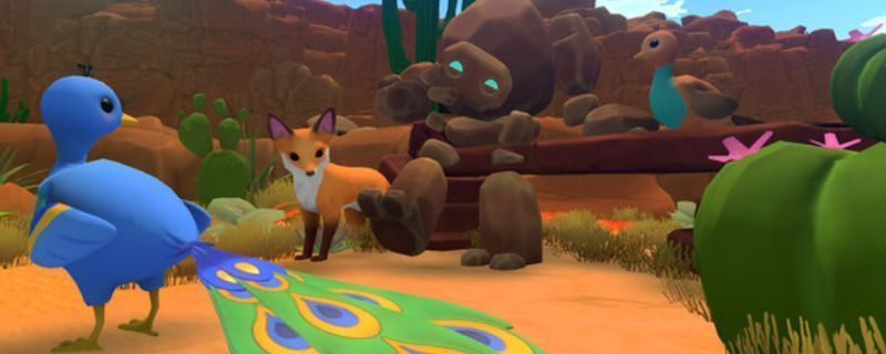 《Unpetrified：Echoes of Nature》游戏主视觉图，魔像与狐狸并肩站在被藤蔓覆盖的古老遗迹前，周围环绕着发光植物与飞舞的光点