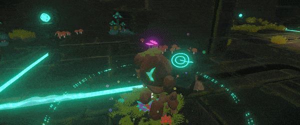 玩家操控魔像在森林中行走，阳光透过树叶洒落，远处有鹿群静静观望，画面充满静谧美感