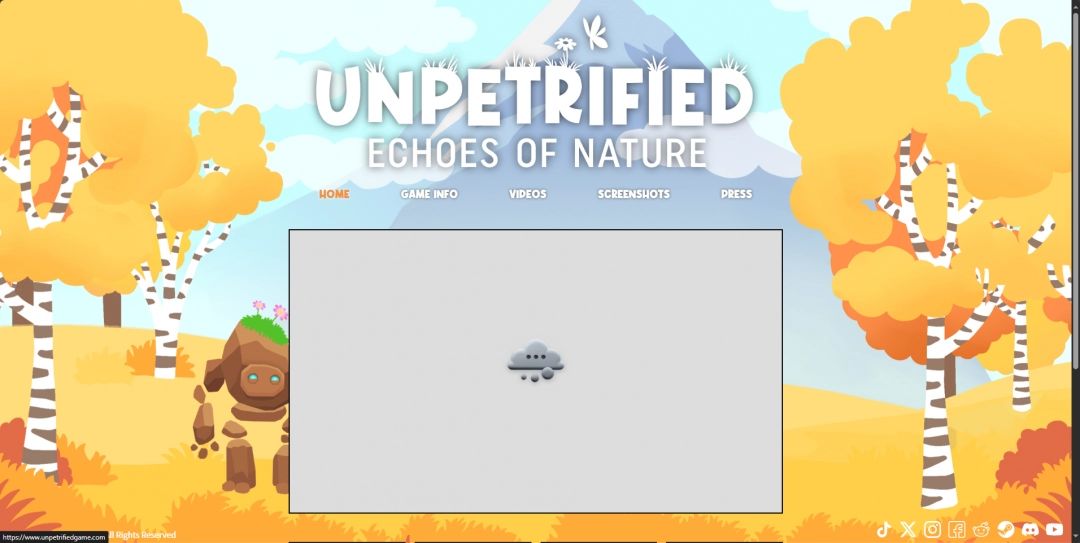 《Unpetrified：Echoes of Nature》官网页面截图，展示主页布局与自然风格UI设计