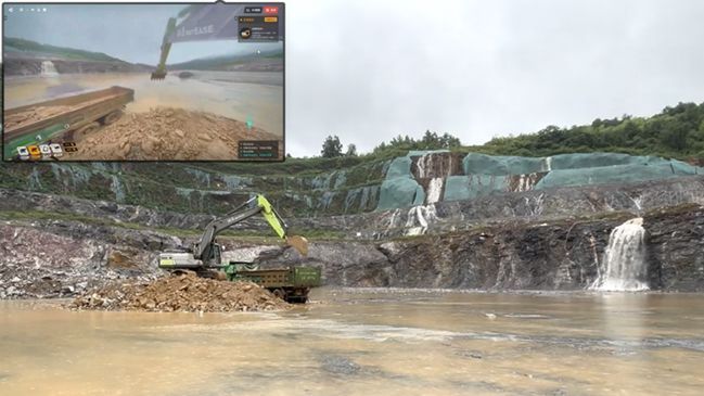 网易伏羲挖掘机器人在暴雨天气下进行自动化作业，车身配备多传感器系统