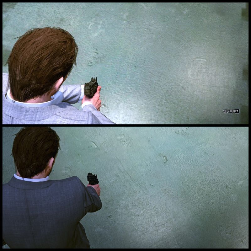 城市街道场景对比，左侧画面昏暗模糊，右侧经MOD处理后砖墙、招牌、地面湿滑反光细节清晰