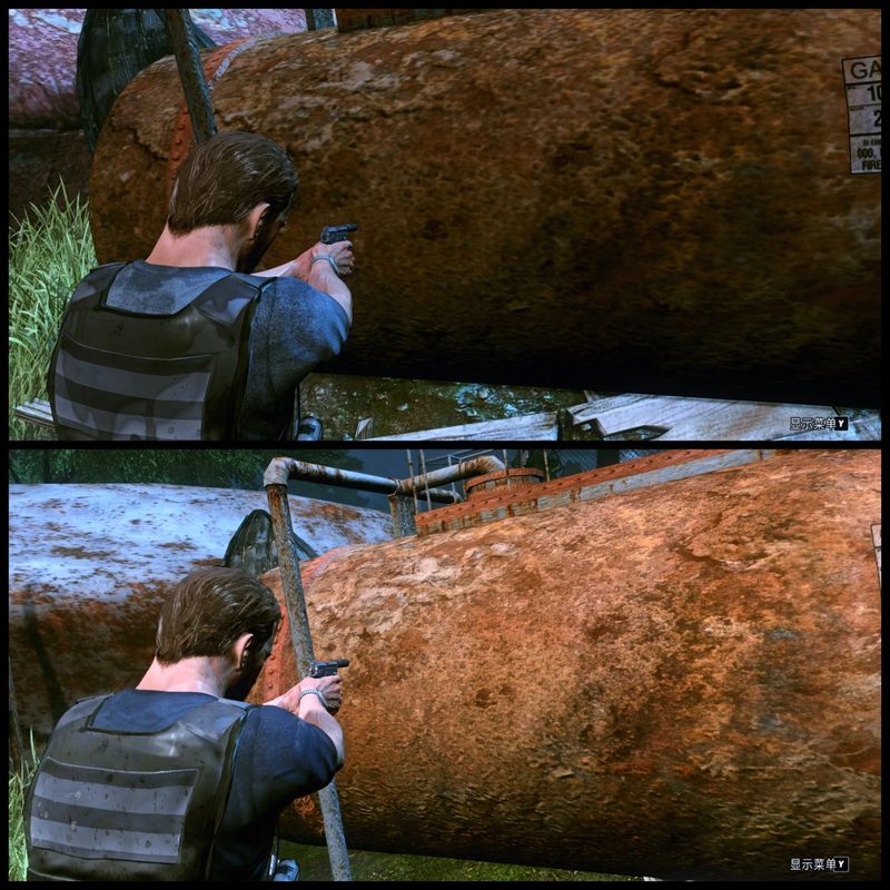 室内走廊贴图对比，右侧MOD版墙面裂缝、血迹、灯光投影更加逼真