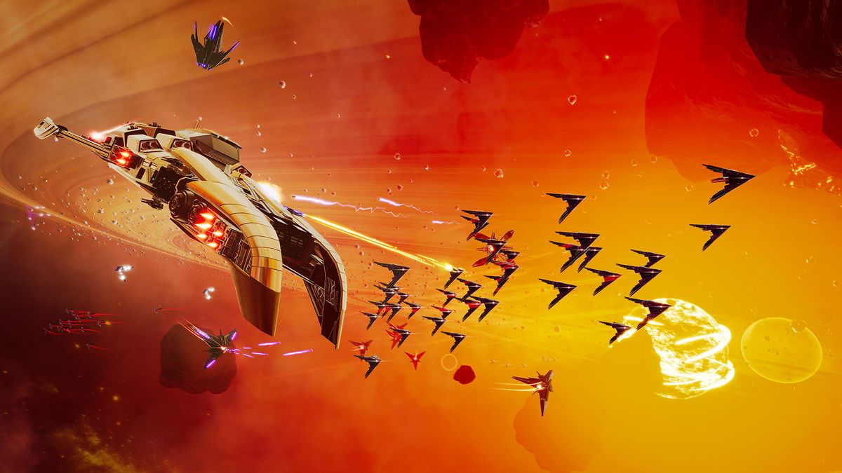 四位玩家角色站在飞船甲板上合影，身穿不同风格的太空服，背景为绚丽星云