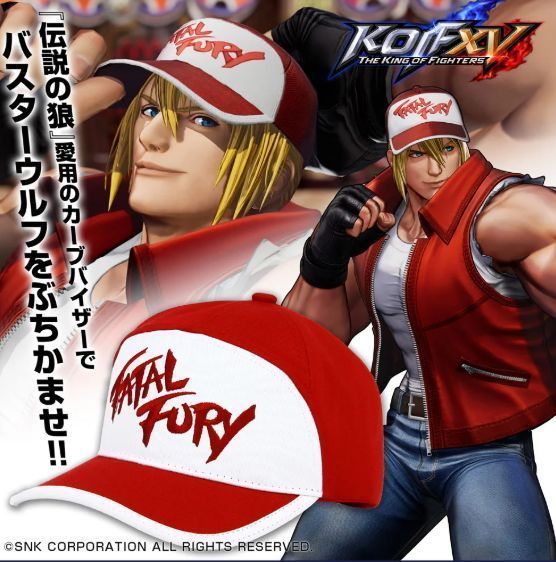 《拳皇15》特瑞红白遮阳帽正面展示，红白配色鲜明，帽檐挺括，整体风格复古动感