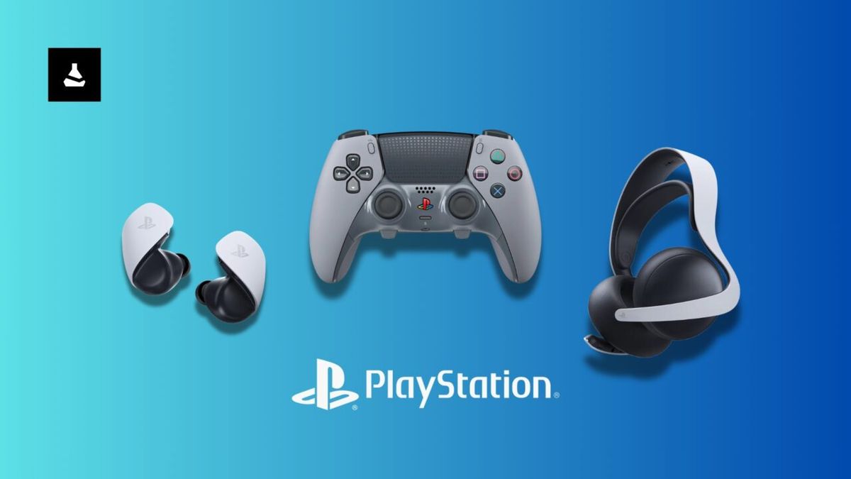 渲染图展示黑色版DualSense Edge手柄、Pulse Elite头戴耳机与Pulse Explore入耳耳机并列摆放，整体风格沉稳专业，凸显高端质感