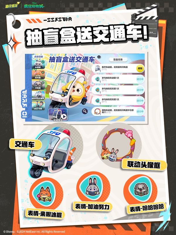 活动界面截图，展示盲盒抽取系统，界面中央突出‘交通车’载具奖励，周围环绕联动角色图标