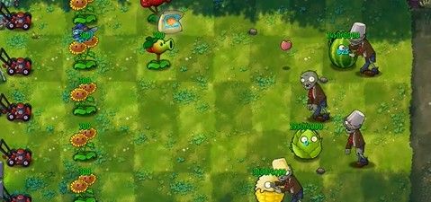 西瓜坚果正在发射一颗巨大能量弹，周围有护盾光效，僵尸被击退，展现其高防御与反击能力