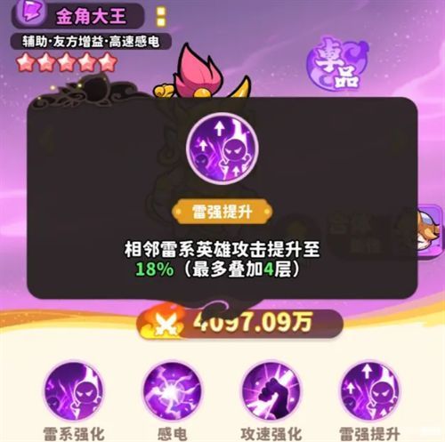 金角大王位于阵型中央，周围雷系英雄呈环形分布，显示攻击力加成连线