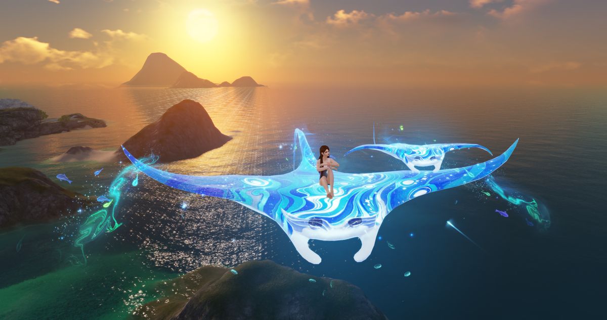 角色手持【灵殊·沁饮星海】，饮料散发星芒，背景为夏日海滩派对场景