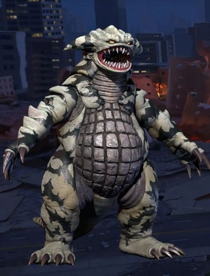 达伊盖伦头部特写，突出其锋利獠牙与强壮颚部，口中隐约可见火焰喷射特效