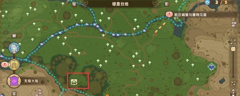 无垠大陆地图中矿神殿与木头神殿的标注位置，地图清晰显示两个刷钱点