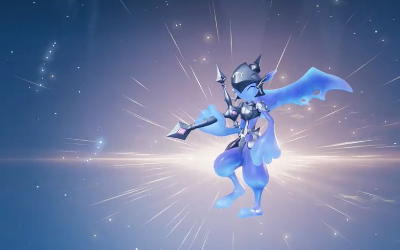 胆小盔触碰勇气之剑瞬间发生进化的动画场景，光芒四射，形态转变为英勇的盔勇士