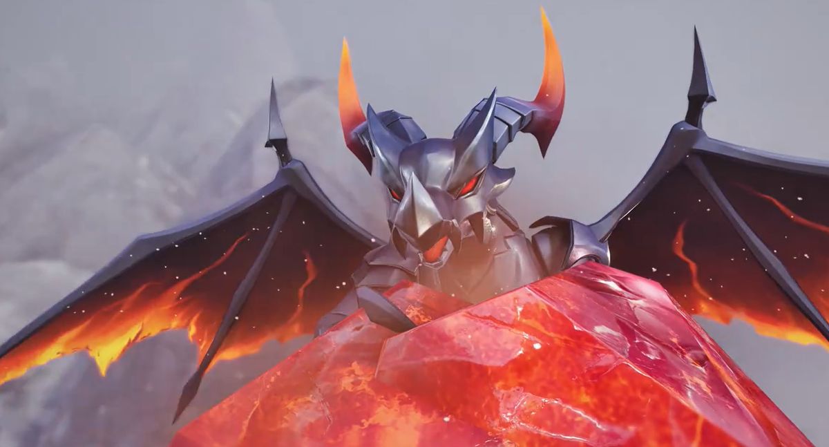 玩家手持发光的勇气之剑站立于火山顶端，背后是燃烧的天空与倒下的巨龙尸体