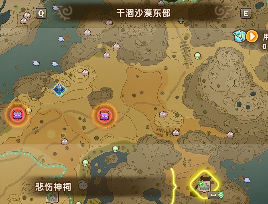 地图标注干涸沙漠东部的悲伤神祠位置，红点醒目指示