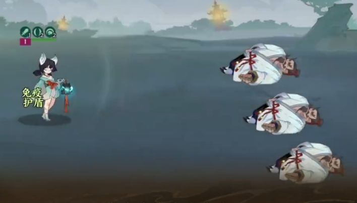 山鬼在战斗阵型中的站位示意图，位于中排输出位，周围队友受到护盾保护