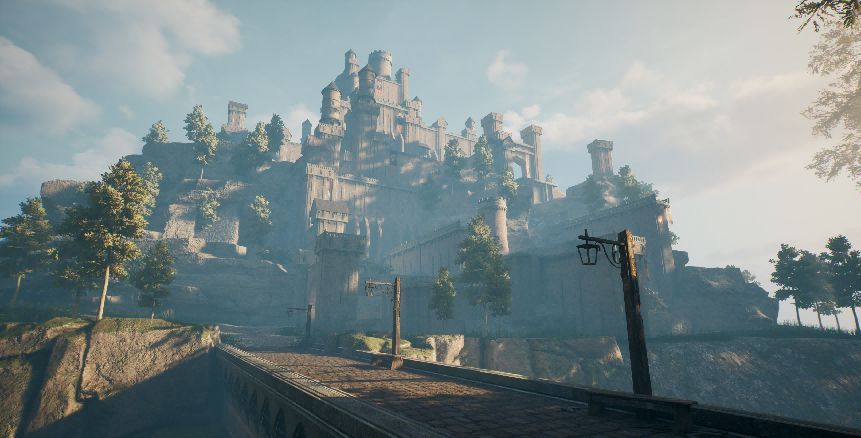 游戏中森林区域的实机画面，阳光透过树叶洒落，光影层次分明