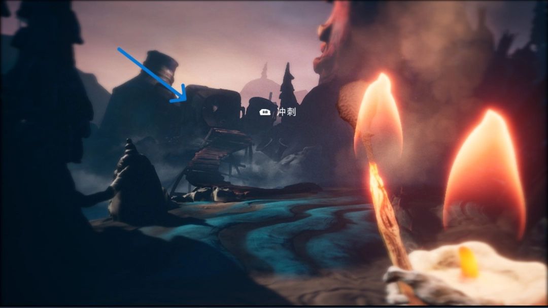 左侧铺着木板的小路，地面昏暗，远处微光闪烁，暗示藏有收集品