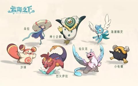 玩家与《云海之下》幻兽人偶亲密互动，一人抱着蓝色小兽自拍，背景是漂浮岛屿与彩虹云朵装饰