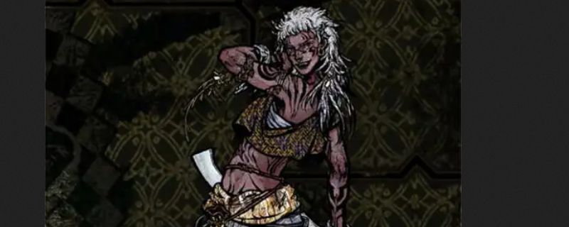 蛮女芮尔角色立绘，身披战甲，手持巨斧，眼神凌厉，背景为燃烧的黑街场景