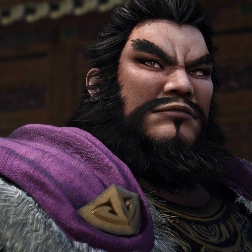 董卓在《真三国无双：起源》中的角色设定图，身披黑色重铠，面容阴沉目光如炬，手持巨锤立于火光之中，气势逼人