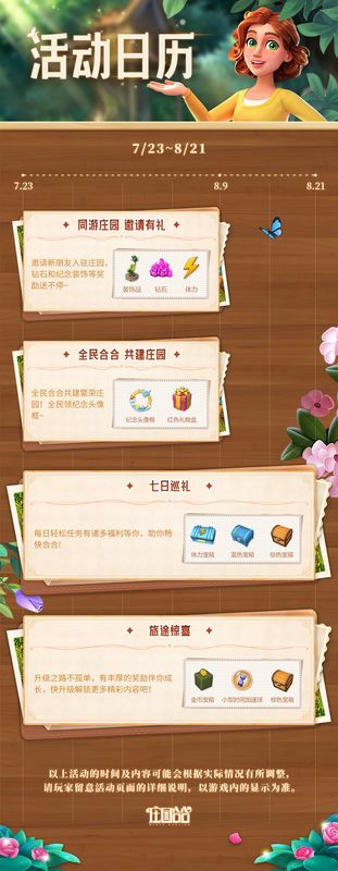 玩家视角下的完整庄园全景，花园、小屋、喷泉错落有致，充满童话氛围