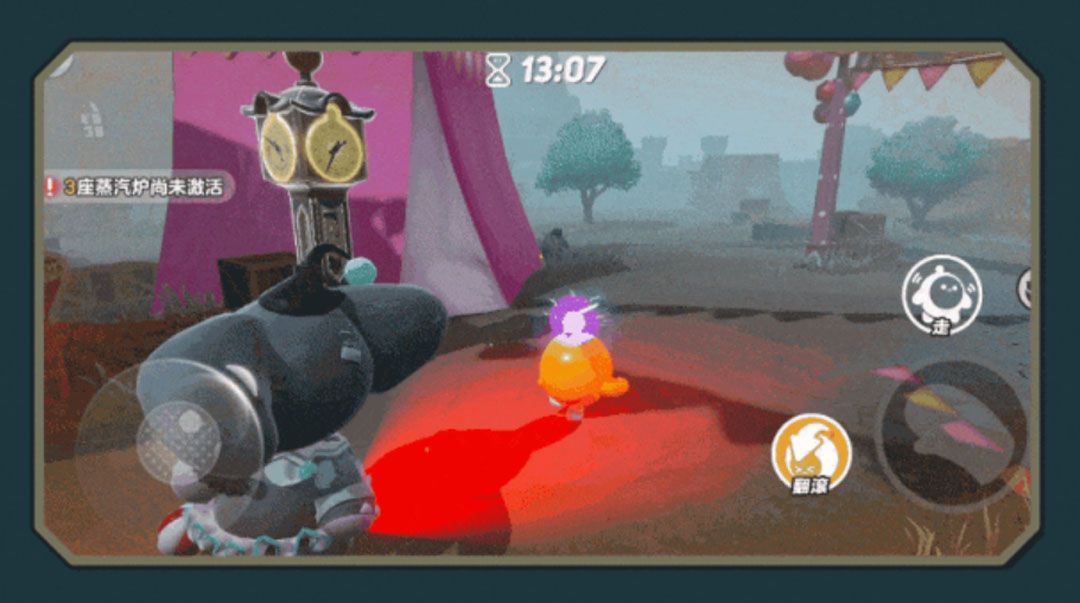 倒地逃生者被队友扶起，背景中爆米花大炮冒着热气，紧张感十足