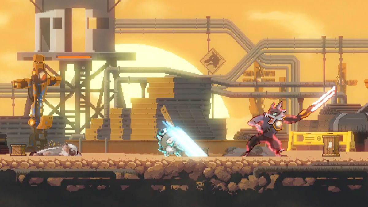 Boss战场景，巨大机械狼矗立在雷雨夜的城市高塔顶端，与小羊对峙