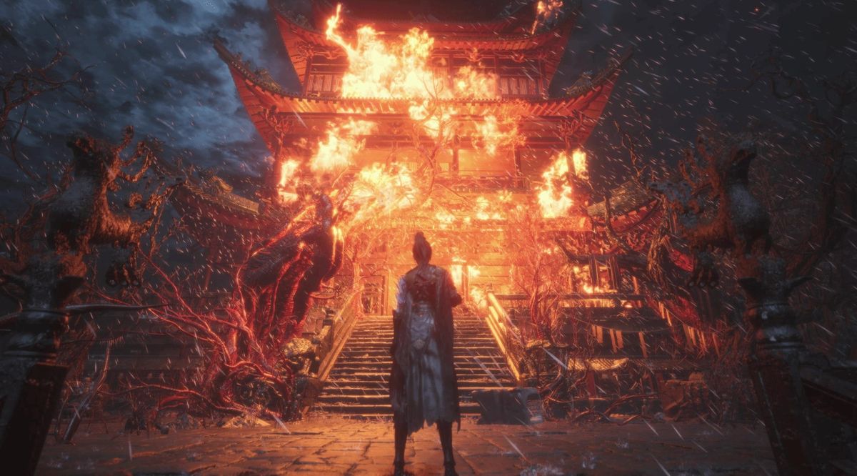 女主角无常站立于燃烧废墟之中，火焰映照她孤独而坚定的身影，背景为崩塌的古代建筑