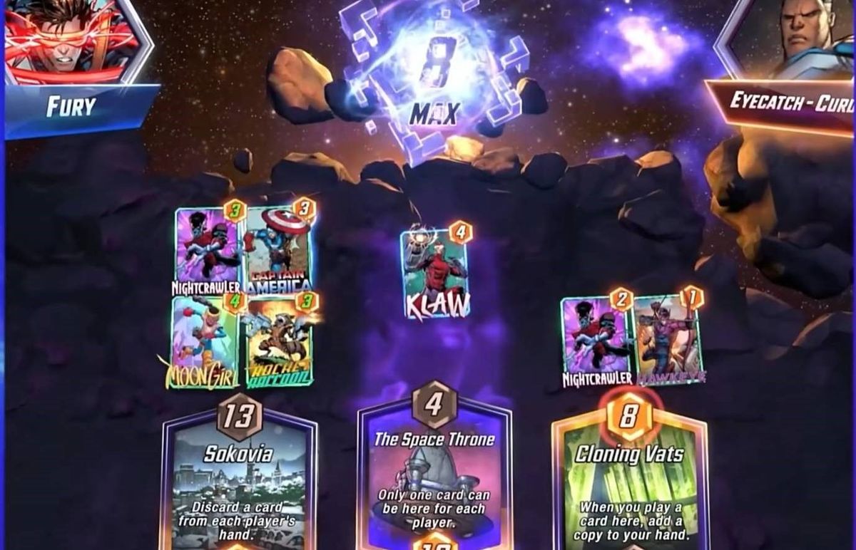 三块不同地形的战场，分别标注为‘纽约’、‘阿斯加德’和‘瓦坎达’，卡牌在不同区域交错分布