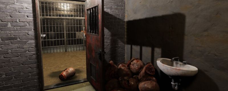 《第十五监狱》游戏主视觉图，昏暗监狱走廊中透出微弱红光，营造出紧张恐怖的氛围