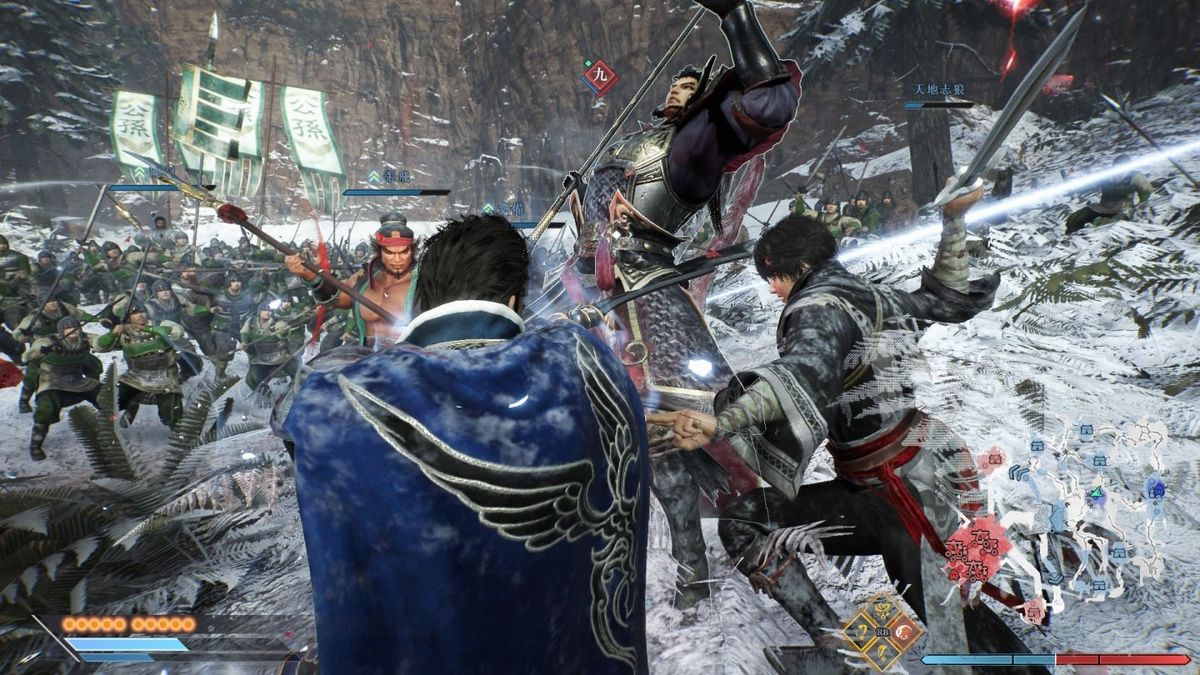 《真三国无双：起源》游戏中九位持不同武器的名将并肩作战的宣传画面，角色形象鲜明，战场氛围激烈