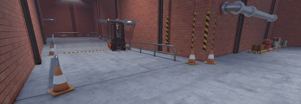 游戏中长颈鹿角色站在叉车旁的场景，背景是工业风格仓库，充满幽默感